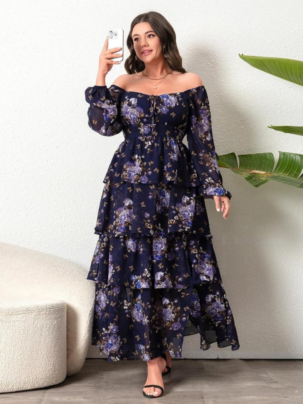 Plus Size Floral Tiered Long Sleeve Dress for Wedding Guests & Semi-Formal - Picture 8 of 8